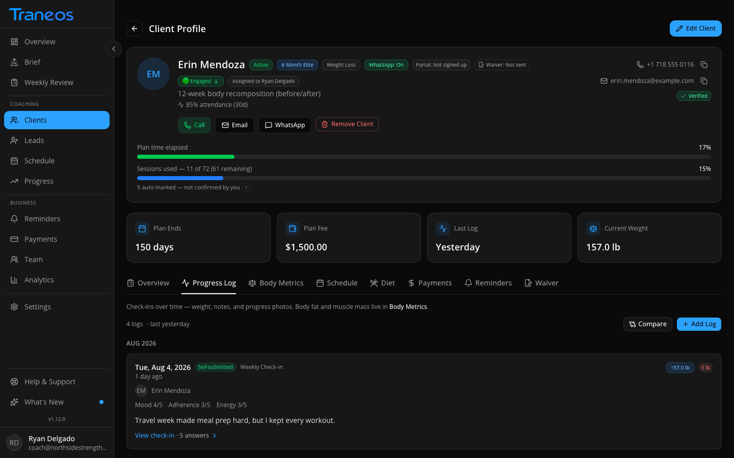 Traneos progress screen showing a side-by-side before/after photo comparison with weight and body-fat metrics overlaid below.