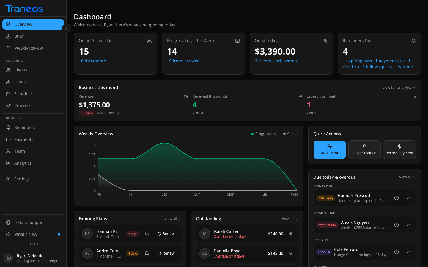 Traneos dashboard showing client list, today's follow-ups, and payment status.