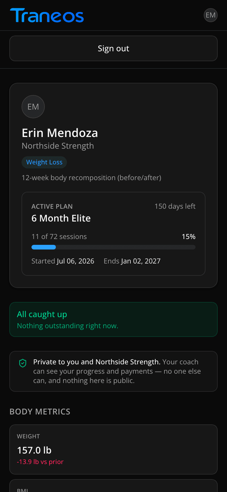 Traneos client portal on a mobile phone showing the client's plan progress, latest weight, and upcoming workout session.