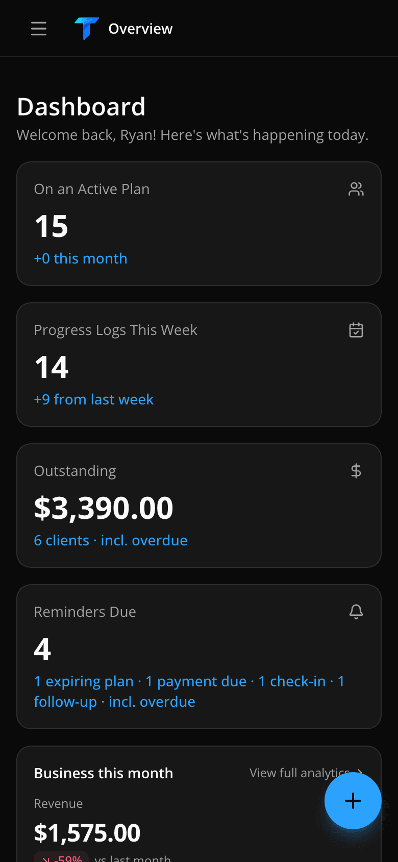 Traneos trainer dashboard on a mobile phone showing today's follow-ups, expiring plans, and pending payments.