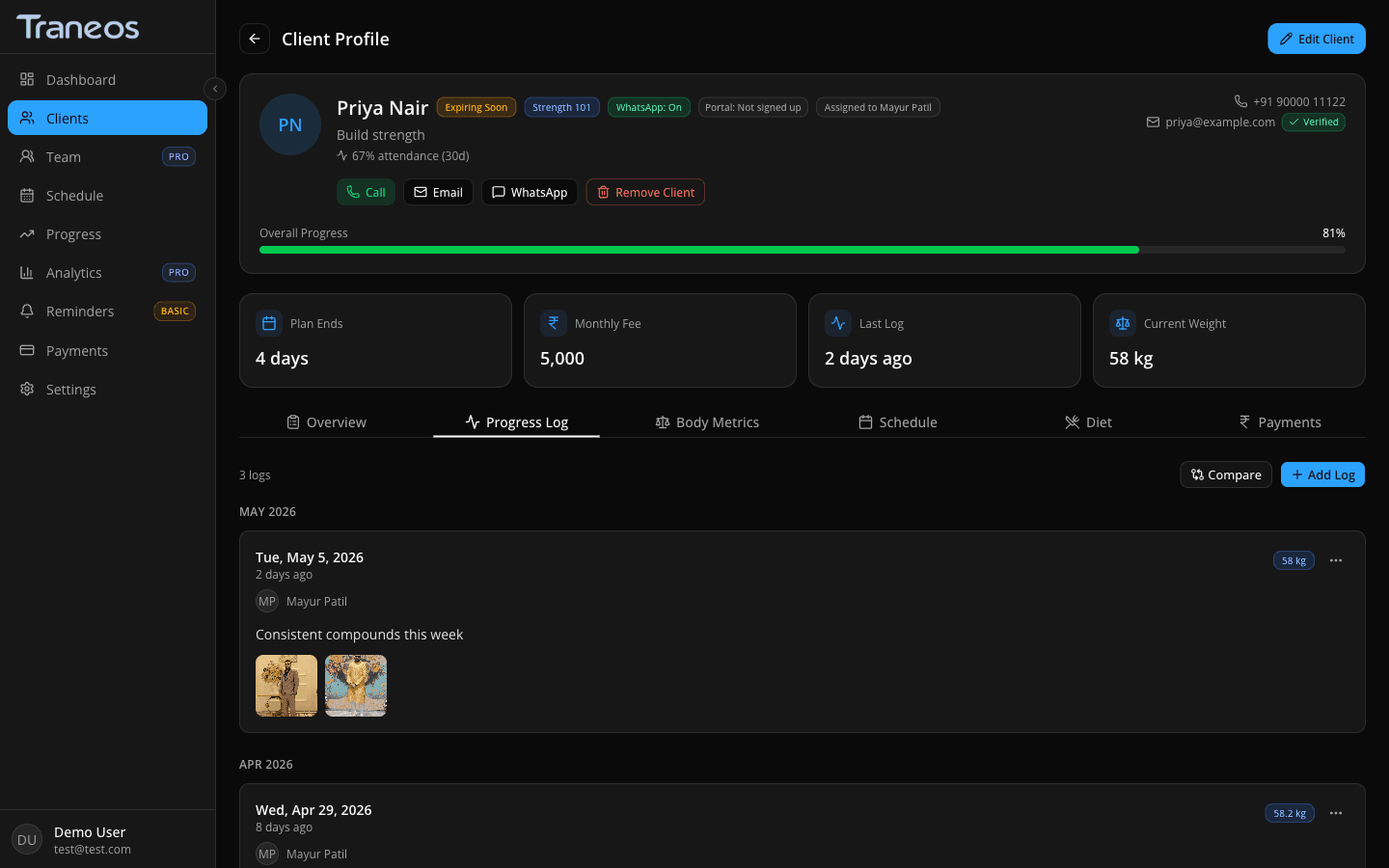 Traneos progress screen showing a side-by-side before/after photo comparison with weight and body-fat metrics overlaid below.