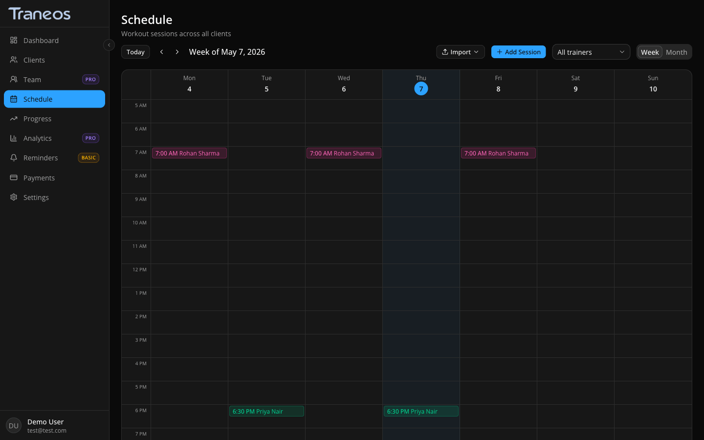Traneos schedule calendar screen showing a week view with workout sessions stacked across days and color-coded trainer chips.